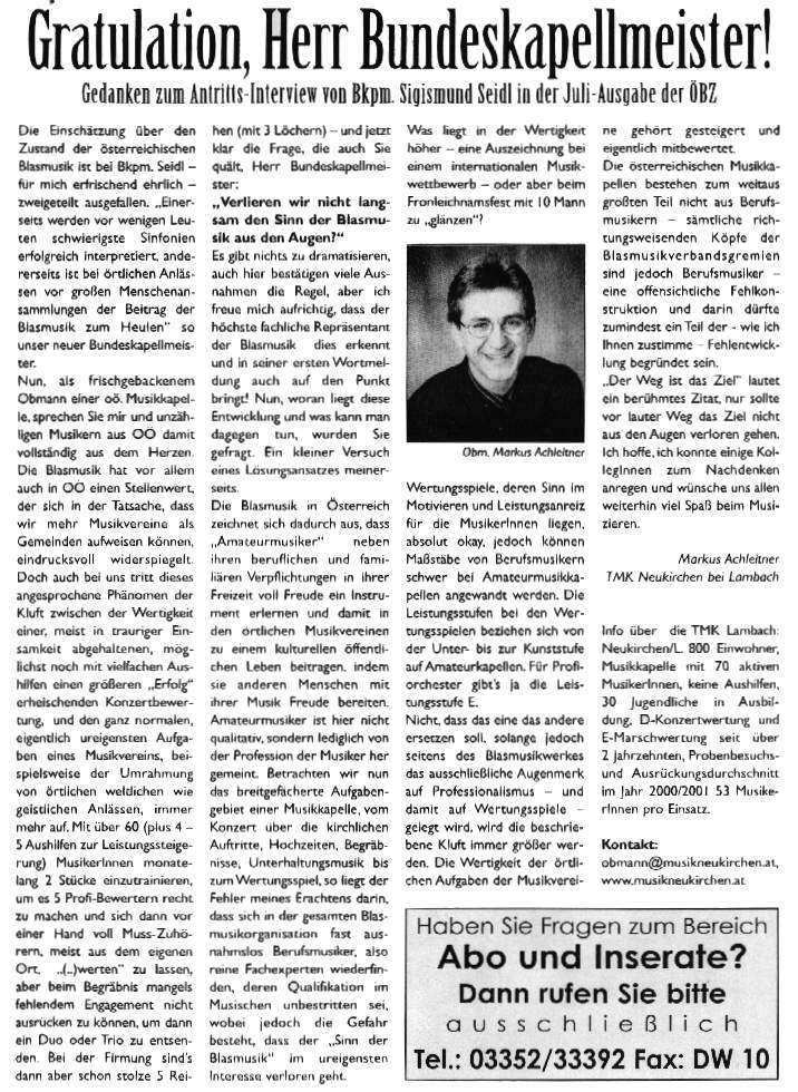 Aus der ÖBZ (Österreichische Blasmusikzeitung), Ausgabe 11/2001