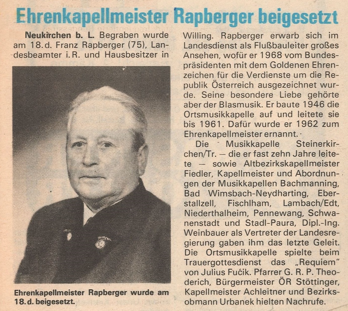 Abschied von Ehrenkapellmeister Franz Rapberger