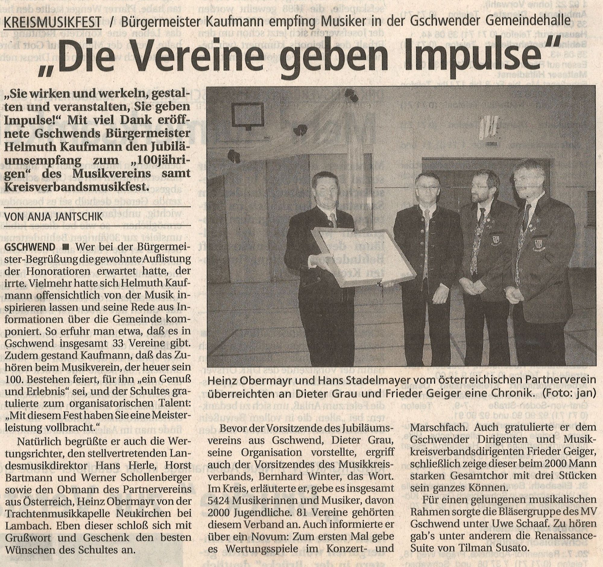 Besuch anlässlich 100 Jahre MV Gschwend 1998